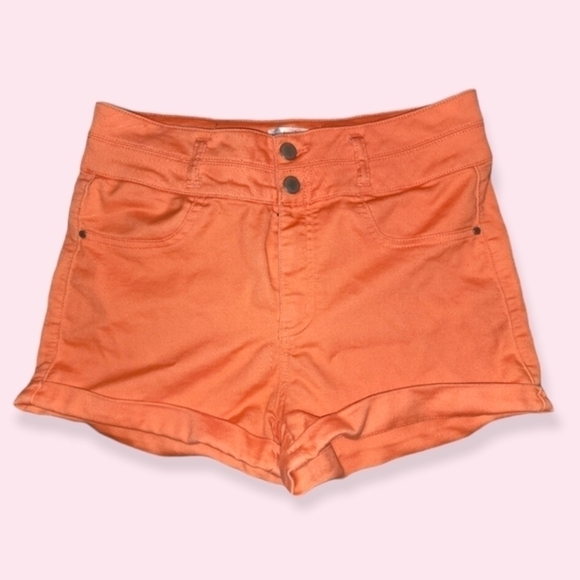 love, Fire Pants - Y2K High Rise Double Button Shorts Size 8 | Bright Coral Colorful Cuffed Hem